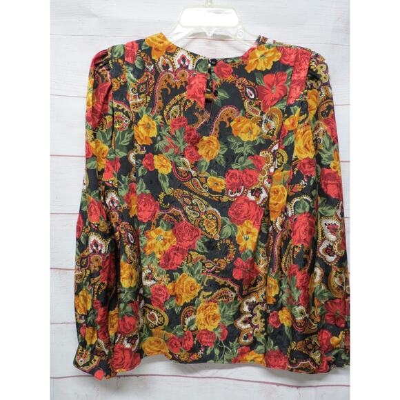Vintage Eva Laurel New York Size 10 Floral Long Sleeve Pleated Blouse Red Orange - Picture 5 of 8